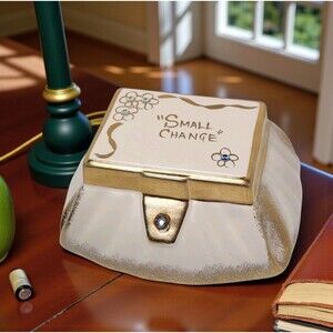 1958 N.S. Gustin Co “Small Change” Pink Coin Purse Piggy Bank Gold Accents RARE